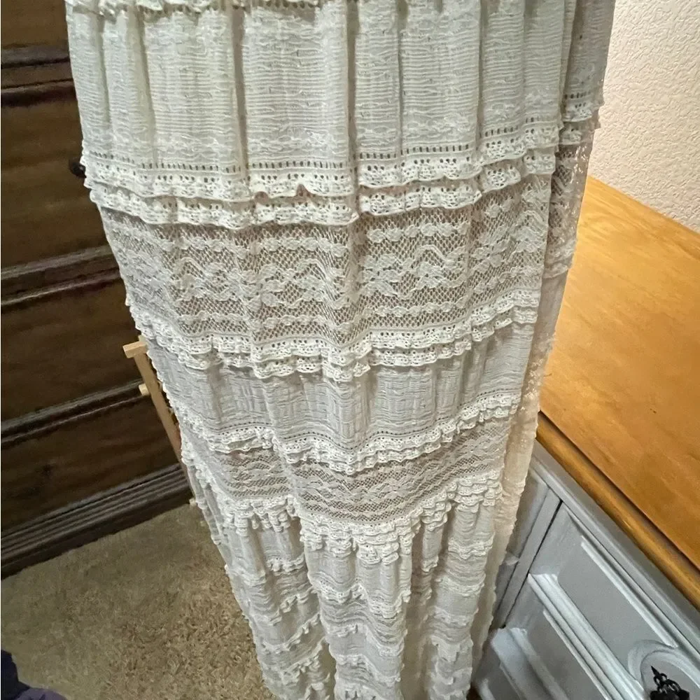 Eliza J Creme Crochet Lace Maxi Dress Women Sz 6 Tiered Lined Cottagecore Boho